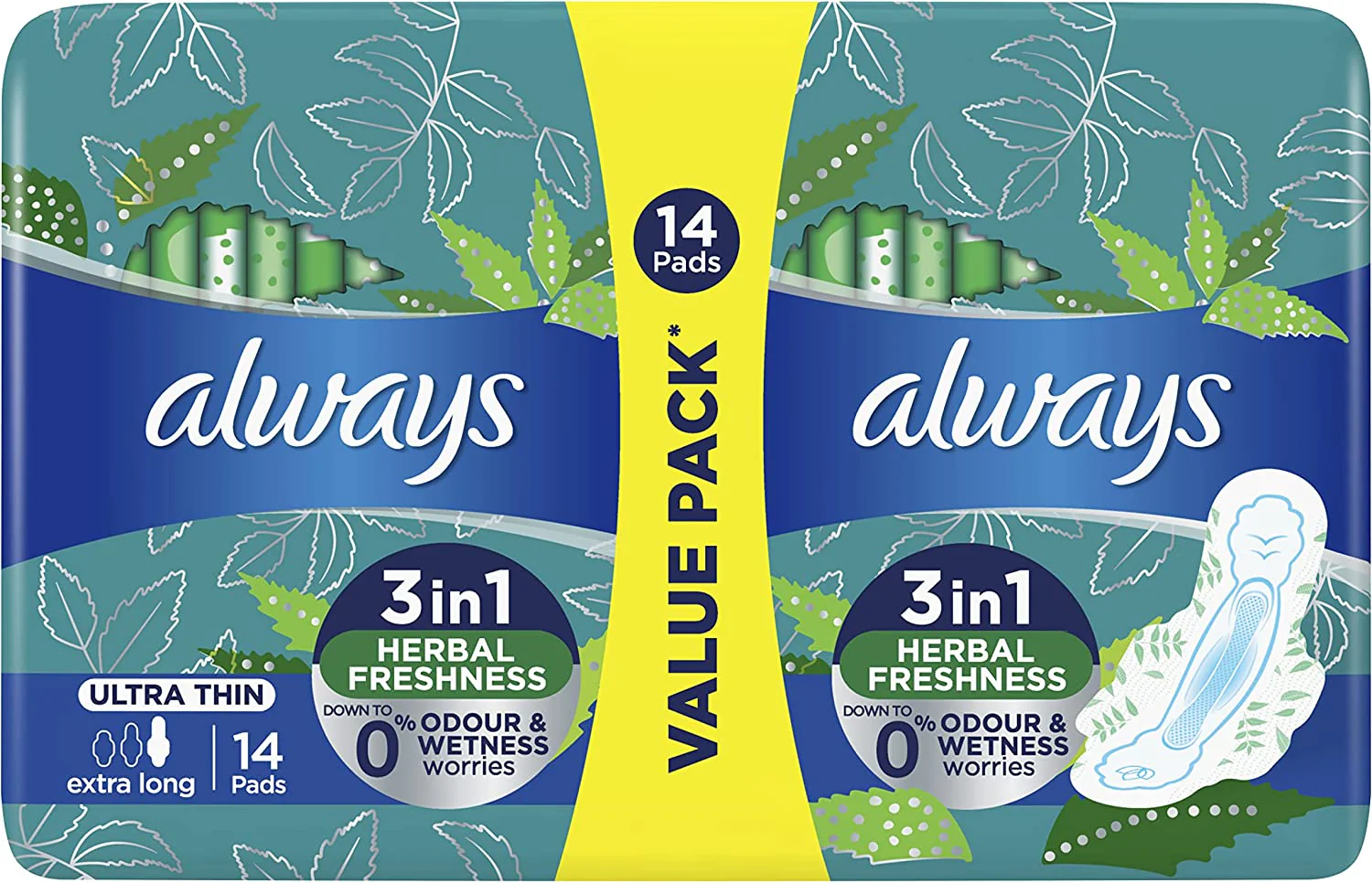 Always Ultra Thin Extra Long 3In1 Herbal Freshness 14 pads