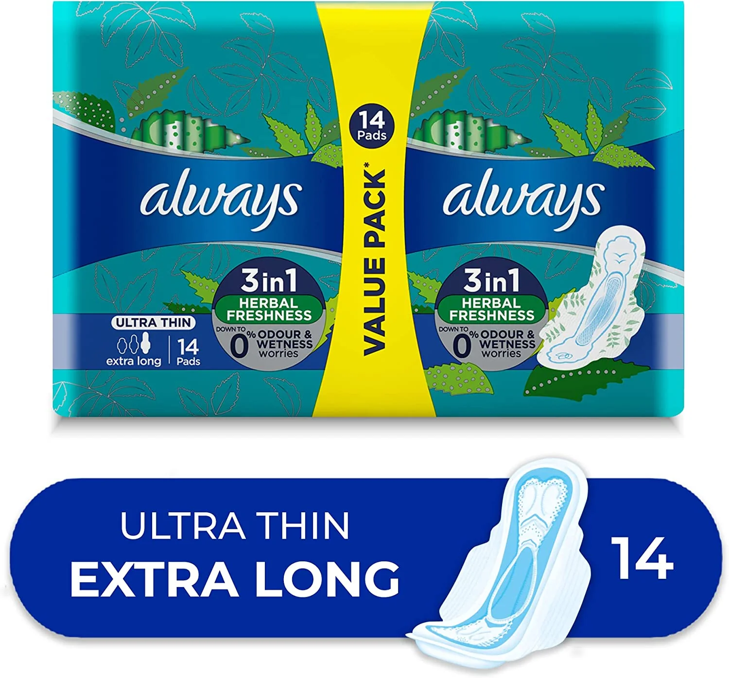 Always Ultra Thin Extra Long 3In1 Herbal Freshness 14 pads - Image 2