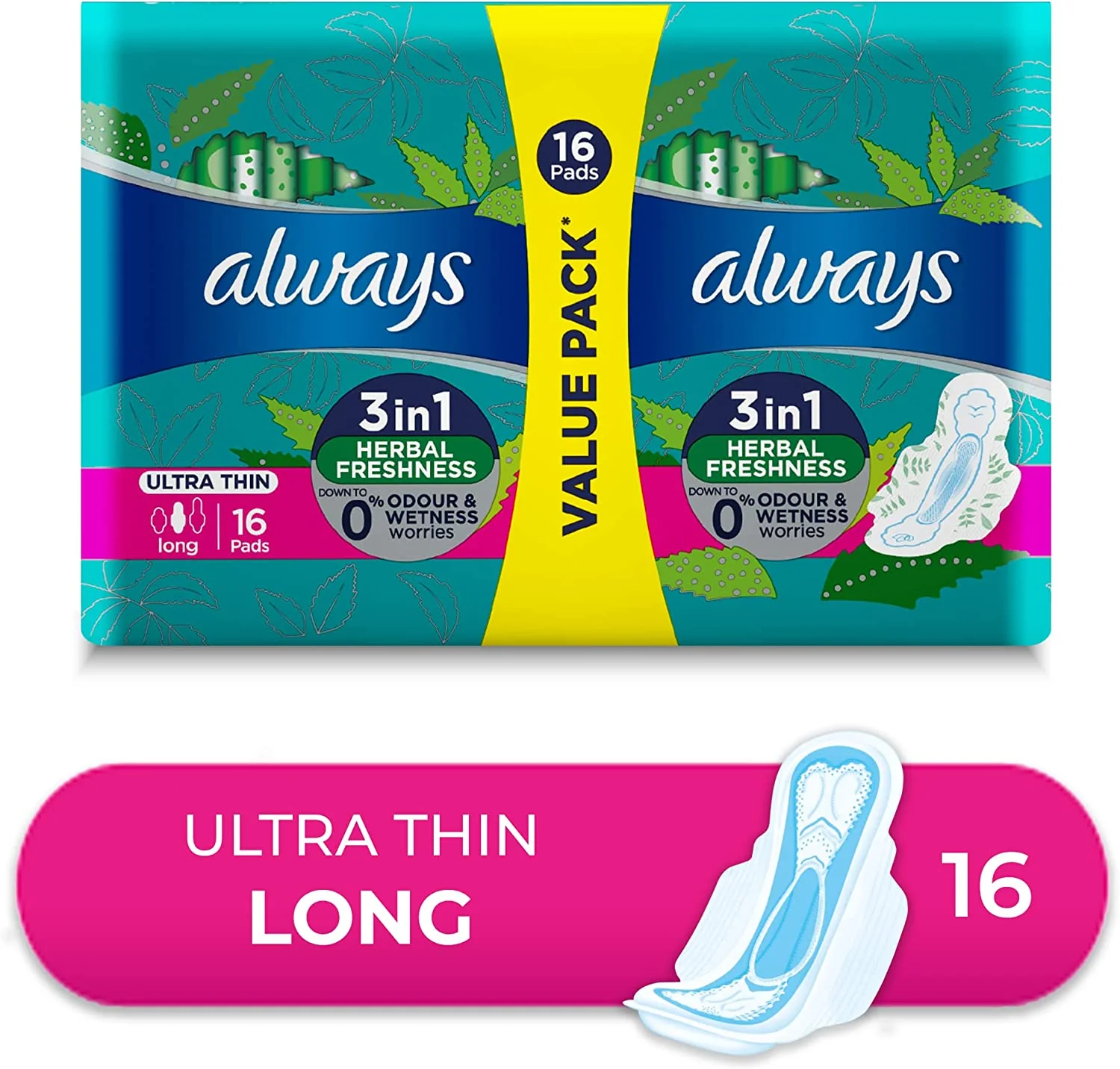 Always Ultra Thin Long 3In1 Herbal Freshness 16 pads - Image 2