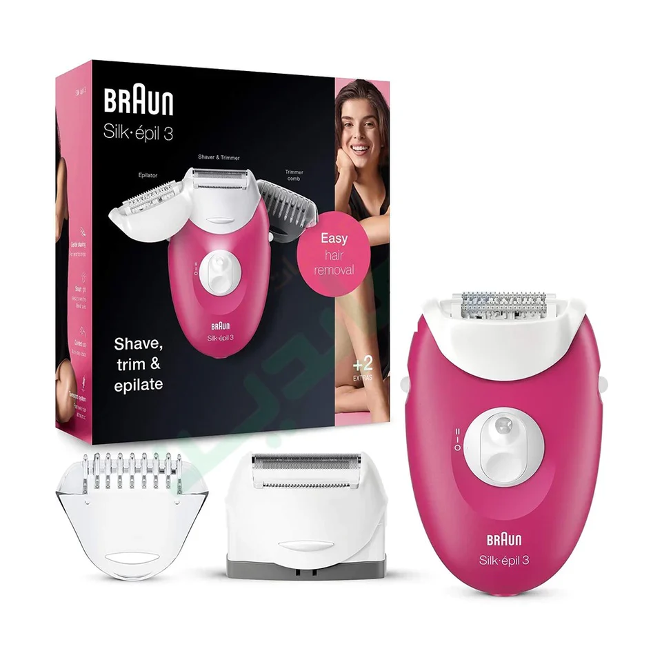 Braun Silk-épil 3 3-410 epilator raspberry pink - Corded epilator with 3 extras