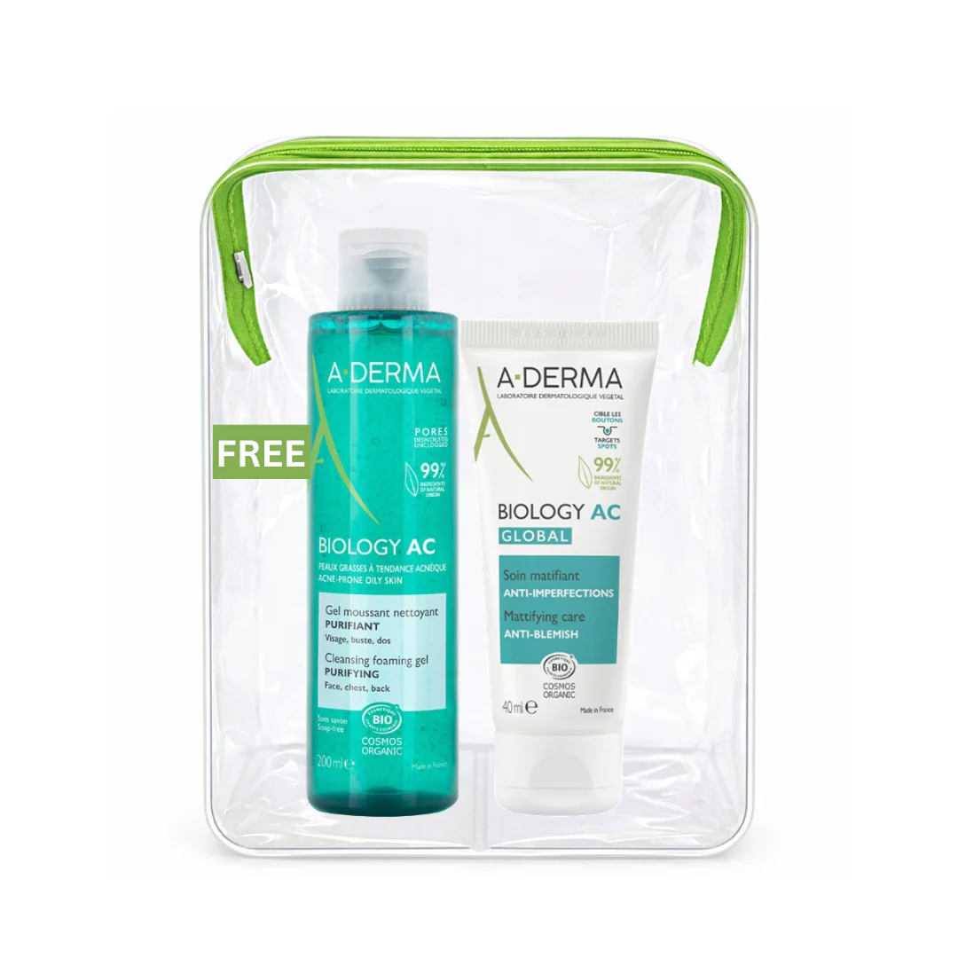 Buy one A-Derma Biology AC Mattifying anti-blemish global treatment and get a FREE 200ml Biology AC Purifying foaming gel