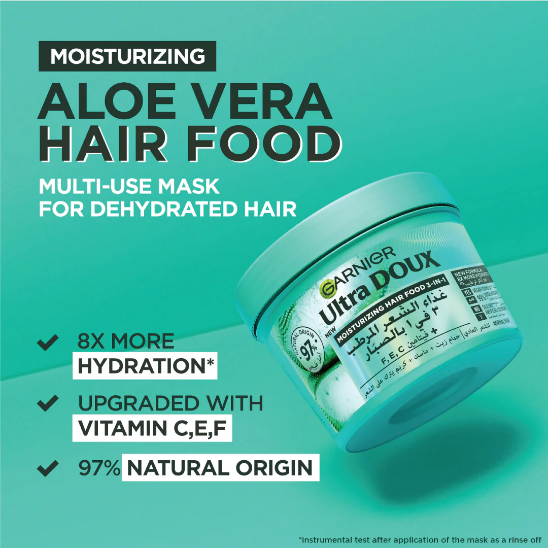 Garnier Ultra Doux Aloe Vera Vegan Hair Food 3in1 Mask for dehydrated hair, Boosted with Vitamins C, E & FÂ - Image 4