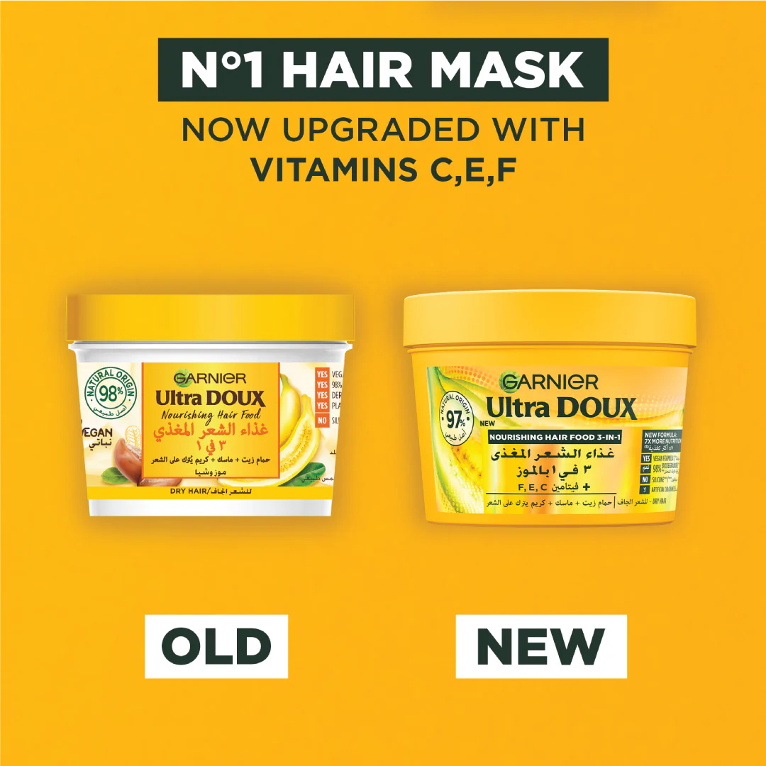 Garnier Ultra Doux Banana Vegan Hair Food 3in1 Mask for dry hair, Boosted with Vitamins C, E & F - Image 3