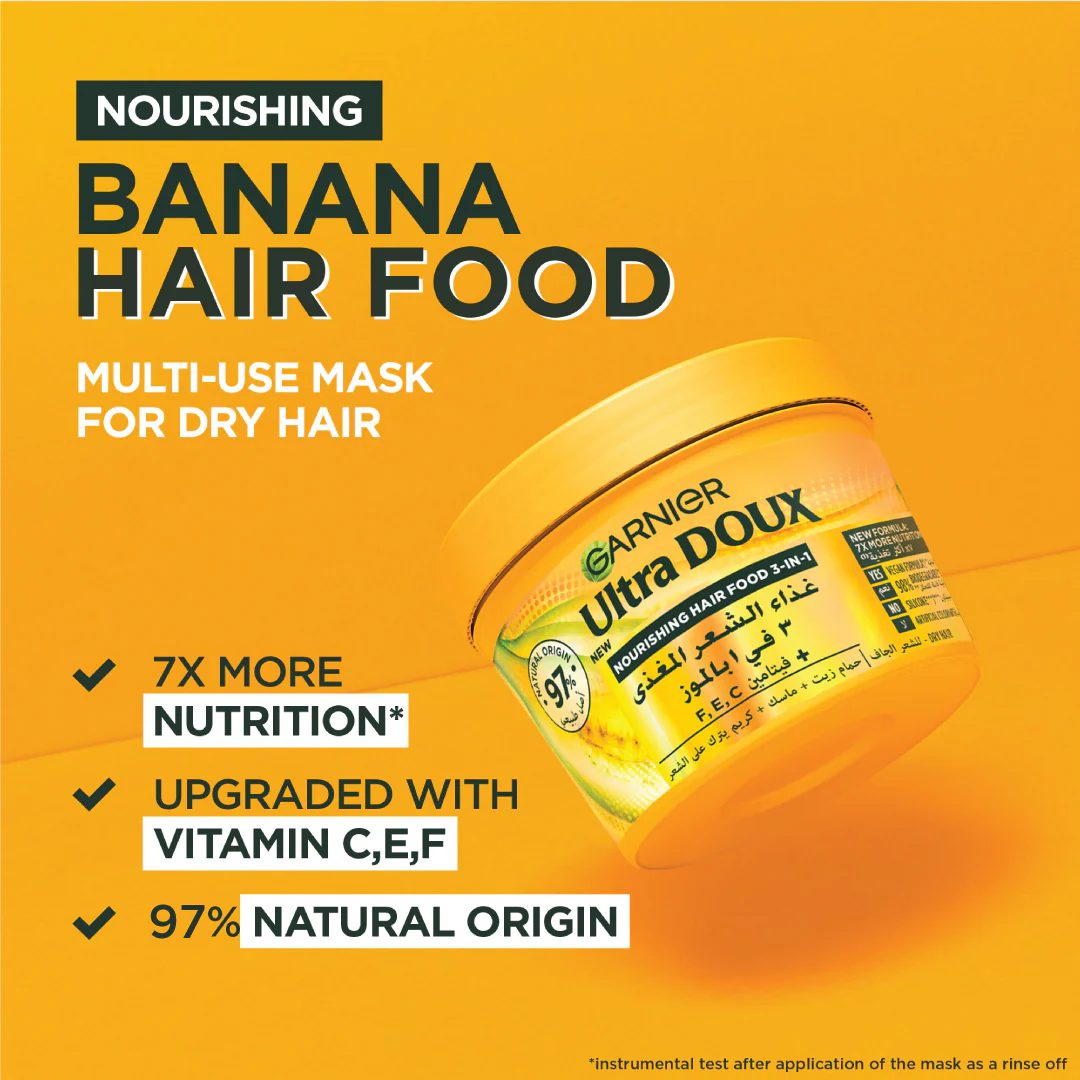 Garnier Ultra Doux Banana Vegan Hair Food 3in1 Mask for dry hair, Boosted with Vitamins C, E & F - Image 4