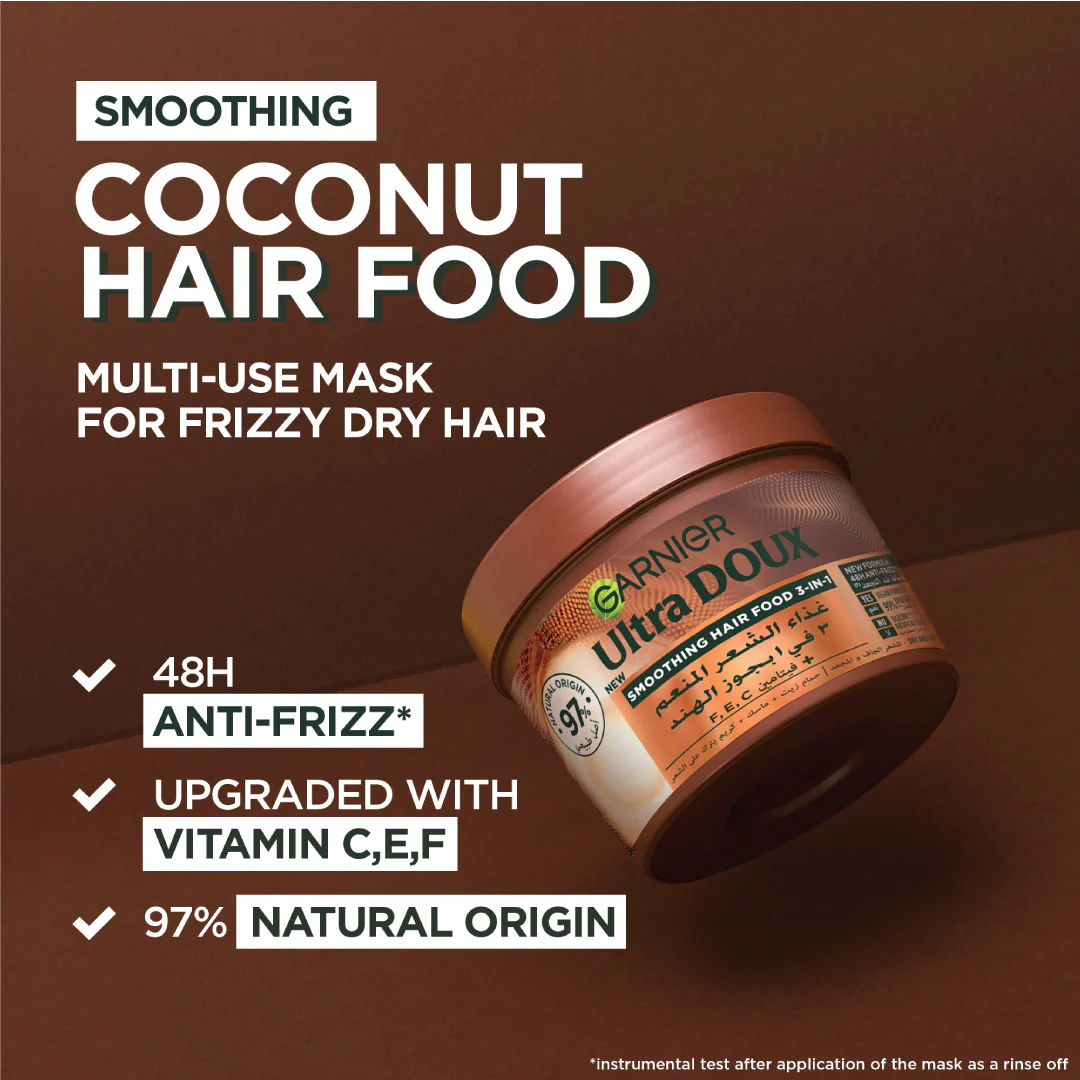 Garnier Ultra Doux Coconut Hair Food 3in1 Mask for frizzy hair, Boosted with Vitamins C, E & F - Image 4
