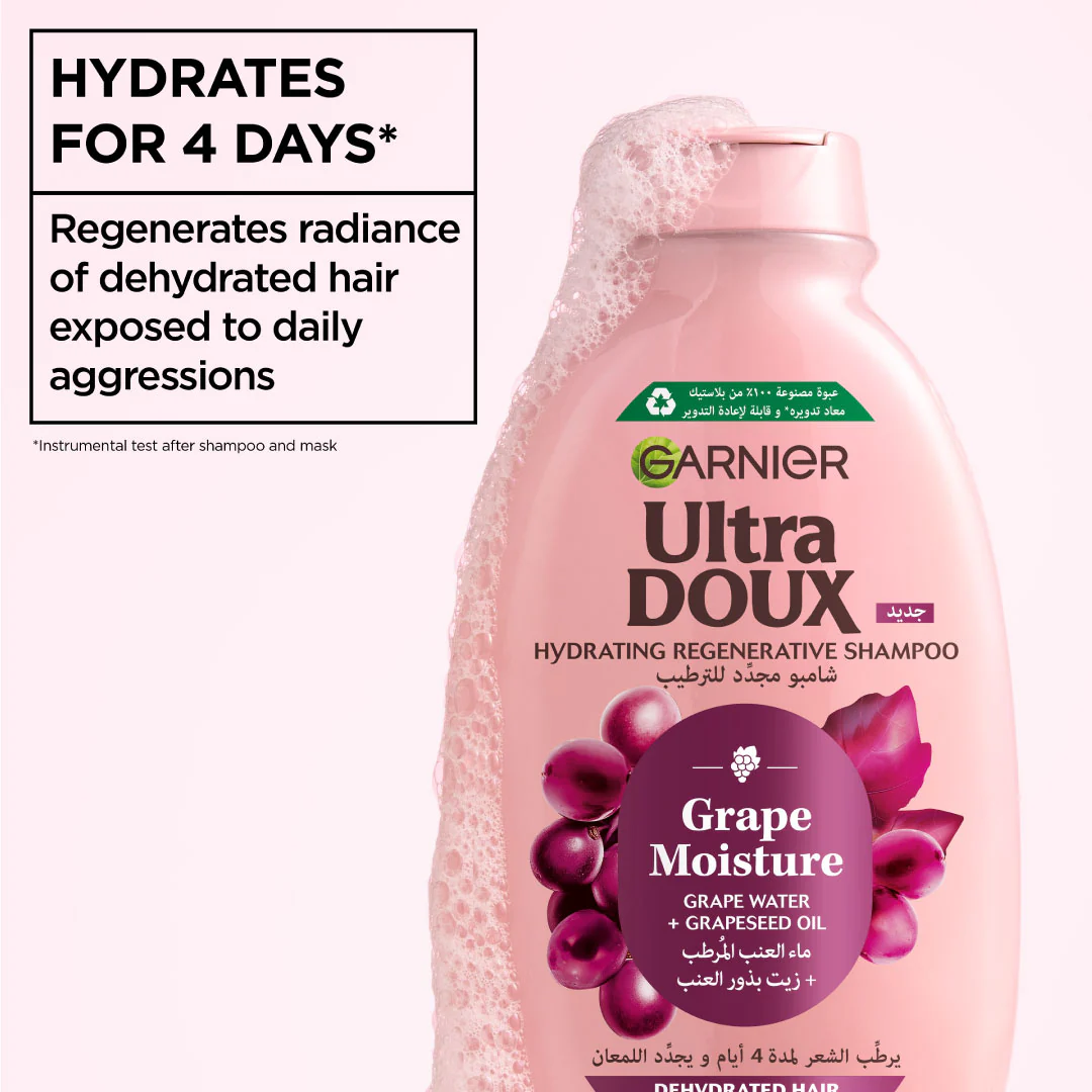 Garnier Ultra Doux Grape Moisture - Hydrating Regenerative Shampoo for Dehydrated Hair. Hydrating Grape Water + Antioxidant Grapeseed Oil - Paraben-Free, Vegan, Cruelty-Free - Image 3