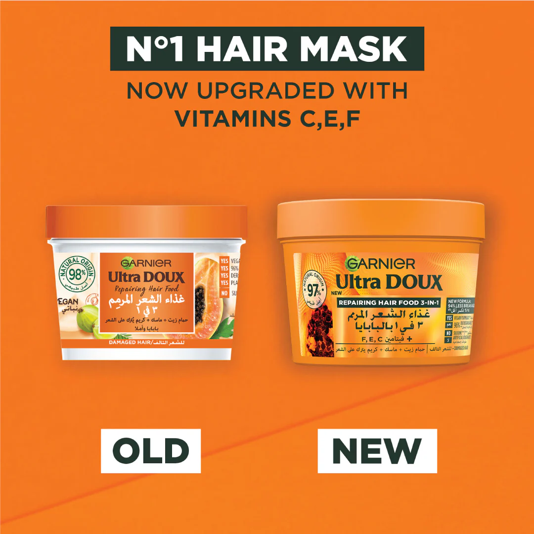 Garnier Ultra Doux Papaya Vegan Hair Food 3in1 Mask for damaged hair, Boosted with Vitamins C, E & F - Image 3