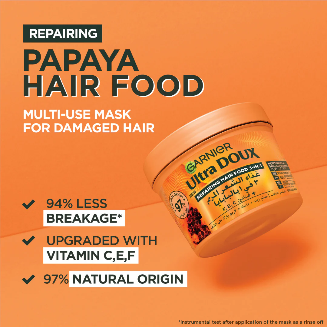 Garnier Ultra Doux Papaya Vegan Hair Food 3in1 Mask for damaged hair, Boosted with Vitamins C, E & F - Image 4