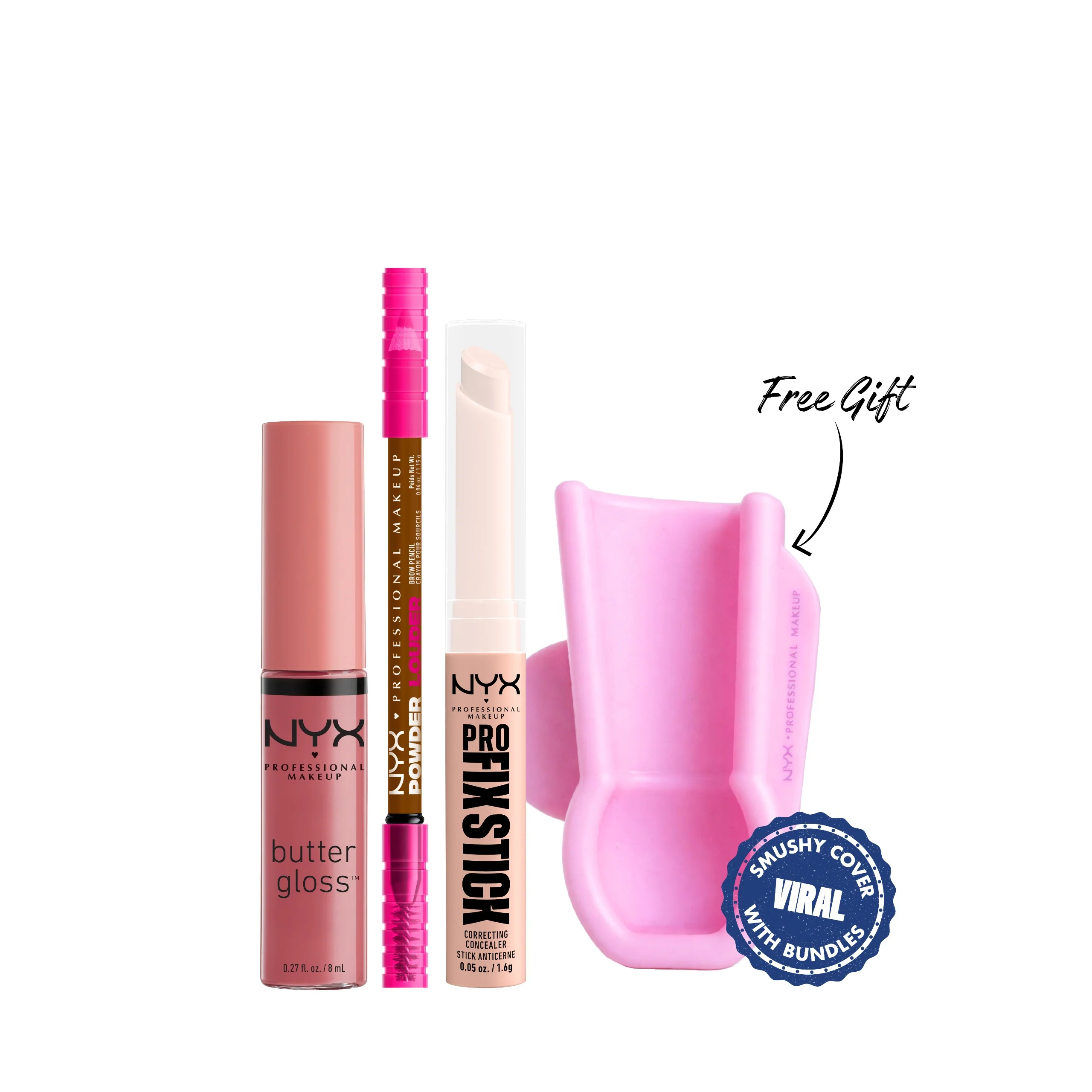 Powder Louder, Brow Pencil, 12Hr Wear, Buildable Micro-Fibers + Pro Fix Stick Correcting Concealer + Butter Gloss, Non-Sticky Lip Gloss, Buttery Soft, Silky Smooth And Creamy, Sheer To Medium Coverage + Gift